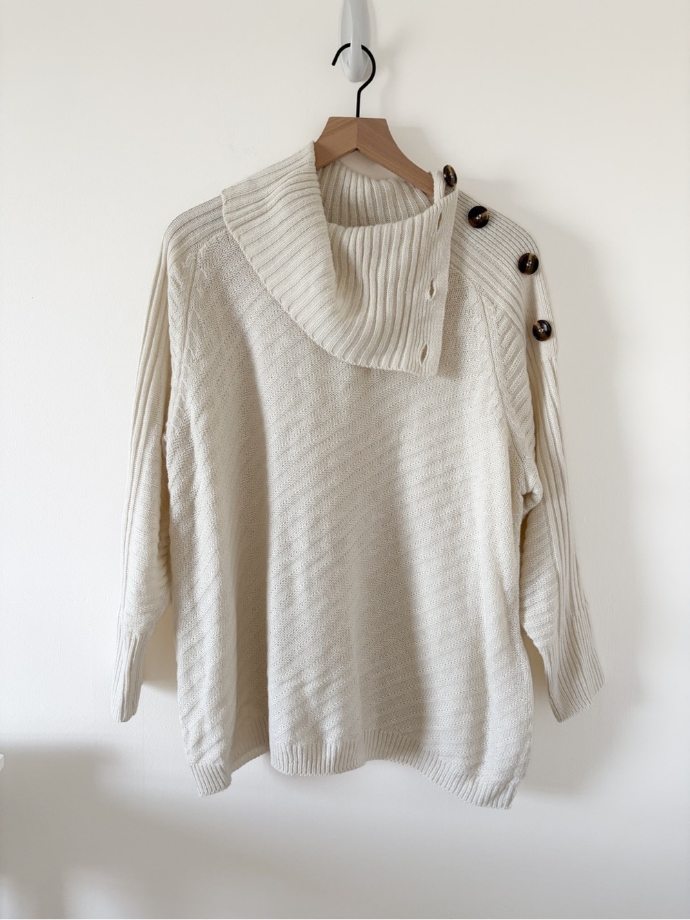 dressbarn Cream Button-Shoulder Rib Funnel Neck Sweater